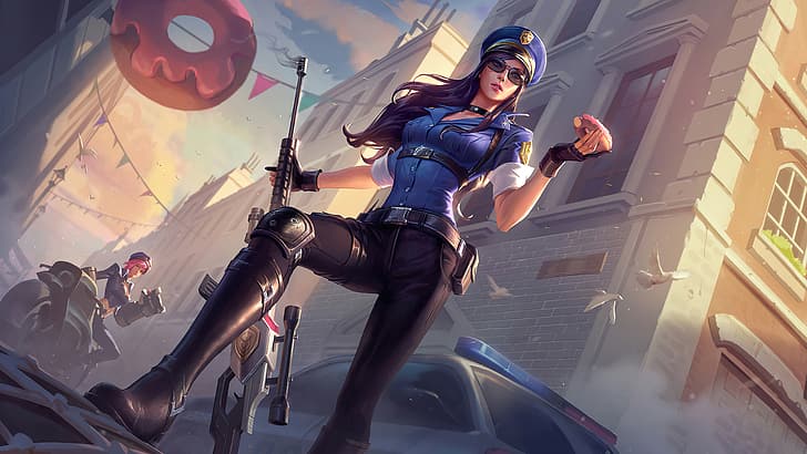 Caitlyn, Caitlyn (League of Legends), League of Legends, Riot Games, police, ADC, Adcarry, GZG, digital art, 4K, Piltover, Vi (League of Legends), donut, HD wallpaper