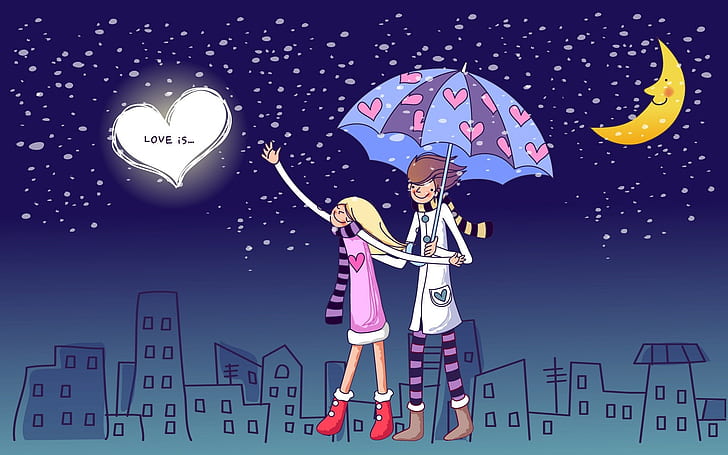 الزوجان ، الحب ، المشي ، المظلة ، العلاقات ، المساء ، المدينة، خلفية HD