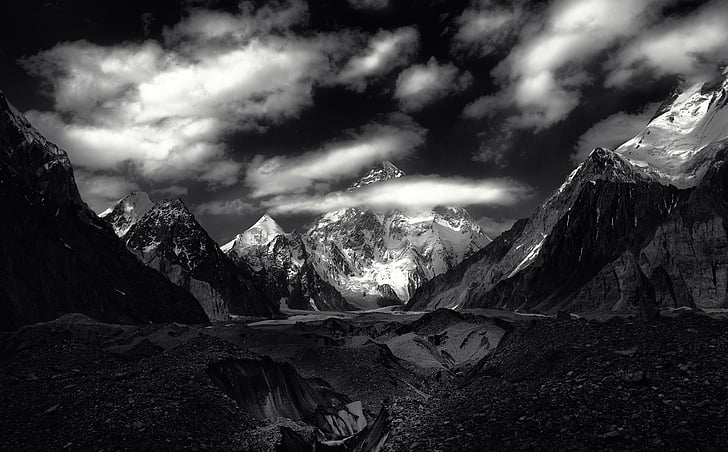 Mountains, Mountain, Black & White, Cloud, Landscape, Nature, Peak, HD wallpaper