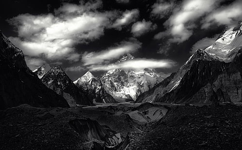 الجبال ، الجبل ، الأسود والأبيض ، السحب ، المناظر الطبيعية ، الطبيعة ، الذروة، خلفية HD HD wallpaper