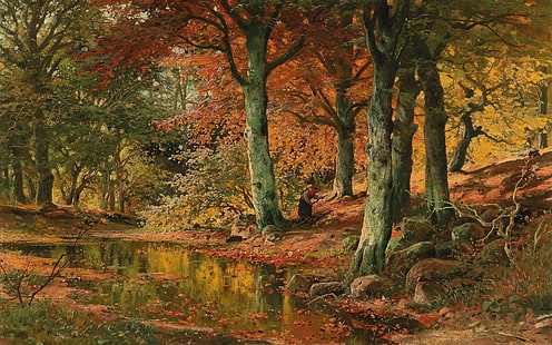 アロイス・アーネガー、オーストリアの画家、キャンバスに油彩、秋の森の風景、秋の森の風景、 HDデスクトップの壁紙 HD wallpaper