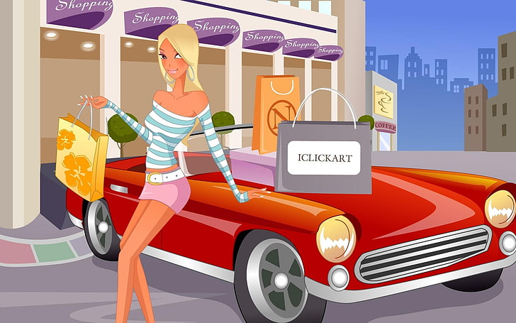 woman sitting on red car illustration, girl, car, shopping, HD wallpaper