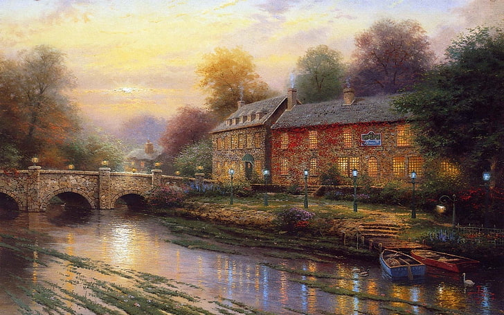painting of brown house near bridge and trees, bridge, boats, lights, house, river, thomas kinkade, HD wallpaper