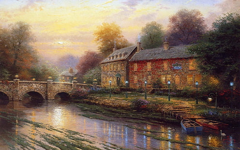 lukisan rumah cokelat di dekat jembatan dan pohon, jembatan, kapal, lampu, rumah, sungai, thomas kinkade, Wallpaper HD HD wallpaper