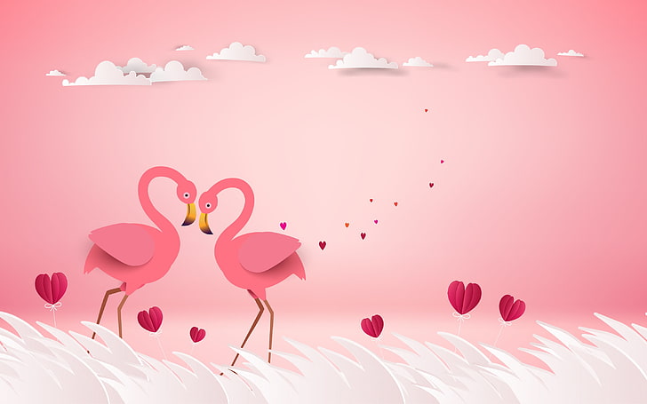 love, birds, rendering, pair, hearts, pink background, Flamingo, HD wallpaper