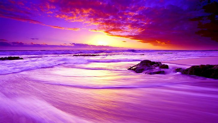 sky, sea, afterglow, horizon, ocean, shore, sunset, calm, beach, atmosphere, dusk, evening, wave, cloud, purple sky, sea wave, HD wallpaper