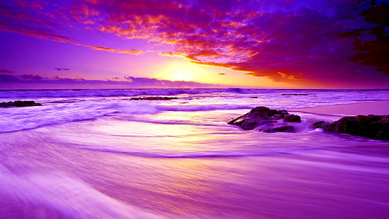 sky, sea, afterglow, horizon, ocean, shore, sunset, calm, beach, atmosphere, dusk, evening, wave, cloud, purple sky, sea wave, HD wallpaper HD wallpaper