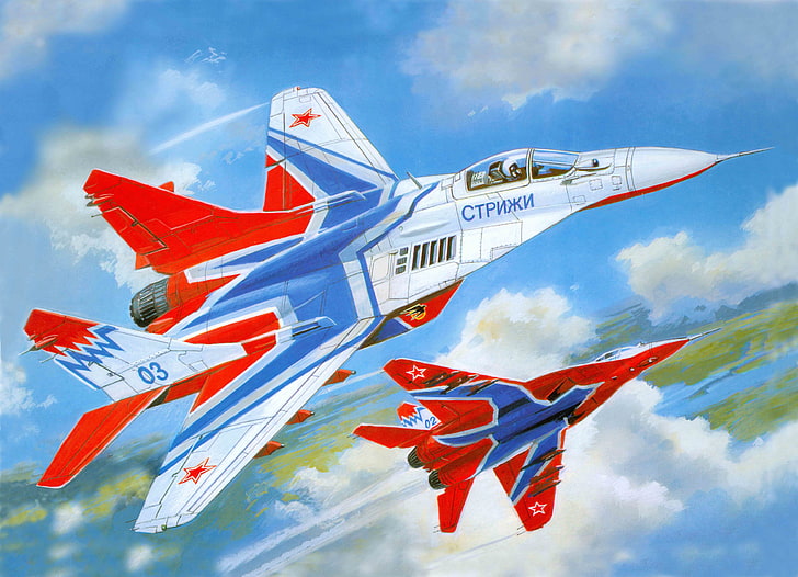 червено-бели реактивни самолети илюстрация, самолет, група, изтребител, изкуство, композиция, МиГ, поколение, ОКБ, руски, многофункционален, име, МиГ-29, МиГ-29, Суифтове, поръчки, съветски, разработен, четвърти , включен, Кутузов, 6 май, авиация, 237-ти, предградие, 1991 г., бойци, Кубинка, по-високо, Проскуровского, базиран, Гвардия, висш пилотаж, Александър Невски, Червеното знаме, HD тапет