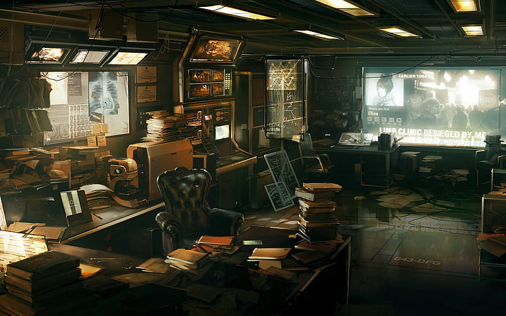 Buchsammlung mit verschiedenen Titeln, Wissenschaft, Bücher, Büro, Deus Ex: Human Revolution, HD-Hintergrundbild
