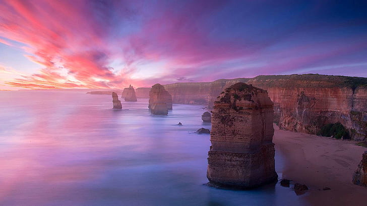 Sunset at Twelve Apostles HD, twelve apostles, blue, cliffs, purple, red, sea, sunset, twelve apostles, HD wallpaper