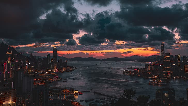 photography, Hong Kong, sunset, clouds, lights, building, HD wallpaper