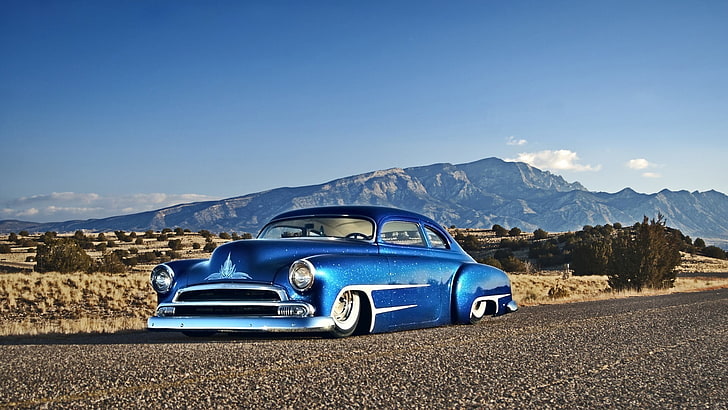 blue hot rod coupe, car, blue cars, Hot Rod, Chevy, Chevrolet, desert, HD wallpaper