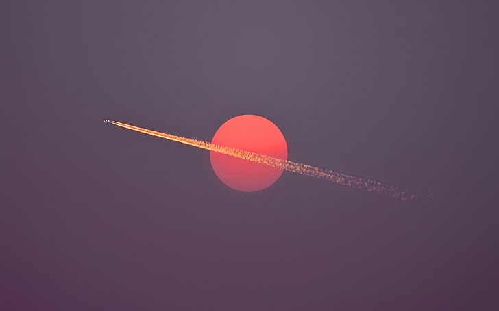 самолет, небо, следы, солнце, закат, полёт, минимализм, самолёт, красный, HD обои