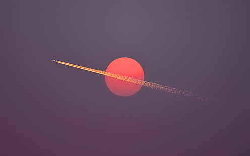 samolot, niebo, smugi kondensacyjne, słońce, zachód słońca, latanie, minimalizm, samolot, czerwony, Tapety HD HD wallpaper