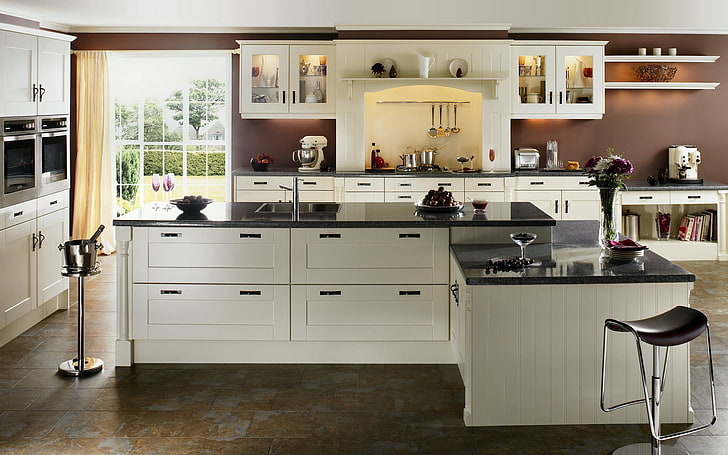white and black wooden kitchen island, interior, design, style, home, house, room, kitchen, HD wallpaper