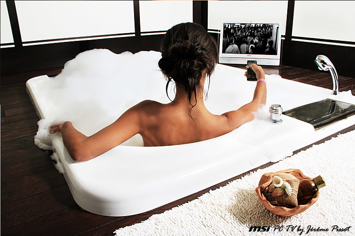model, women, bathtub, brunette, back, HD wallpaper