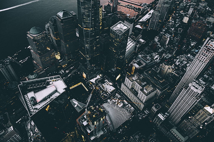 vue aérienne, gratte-ciel, mémorial, New York City, paysage urbain, One World Trade Center, Manhattan, Fond d'écran HD
