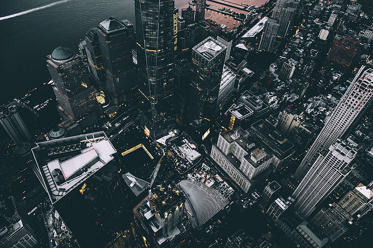fotografía de edificios a vista de pájaro, fotografía aérea de escape de la ciudad, ciudad de Nueva York, memorial, vista aérea, paisaje urbano, rascacielos, Manhattan, One World Trade Center, Fondo de pantalla HD
