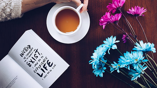 life, text, flower, coffee cup, cup, font, coffee, inspirational, motivational, book, HD wallpaper HD wallpaper