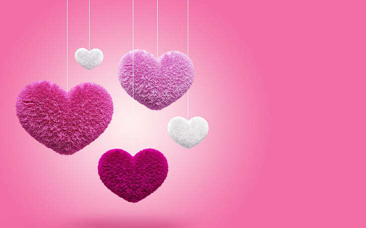 Pink Fluffy Hearts, decorazioni a forma di cuore rosa e bianco, rosa, amore, cuore, Sfondo HD