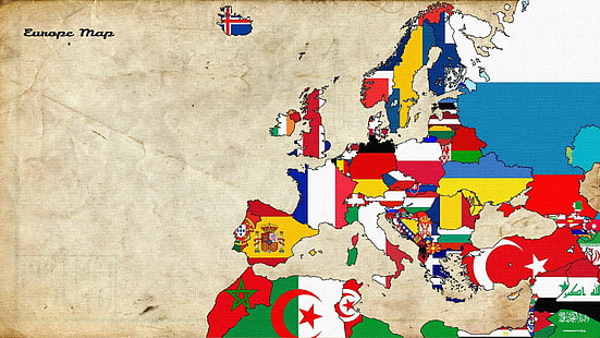 verschiedene Flaggen, Karte, Europa, alte Karte, Flagge, Weltkarte, HD-Hintergrundbild HD wallpaper