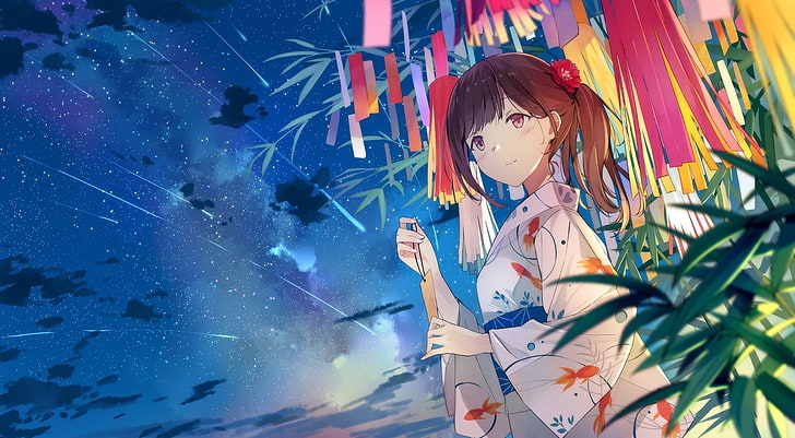 anime girl, falling stars, kimono, brown hair, sky, night, Anime, HD wallpaper