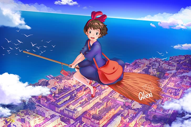 Kiki's Delivery Service, outdoors, city, flying, anime, witch, clouds, Alexi Ansell, HD wallpaper