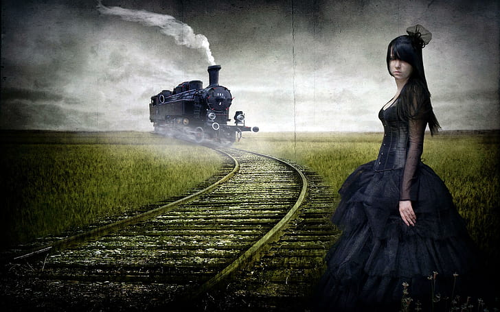 Es ist ein One-Way-Ticket für die Situation eines Wahnsinnigen, eine weibliche Anime-Figur mit schwarzen Haaren, eine Zusammenfassung, eine Fantasie, eine Gothic, eine Eisenbahn, eine 3D-Darstellung und eine Zusammenfassung, HD-Hintergrundbild