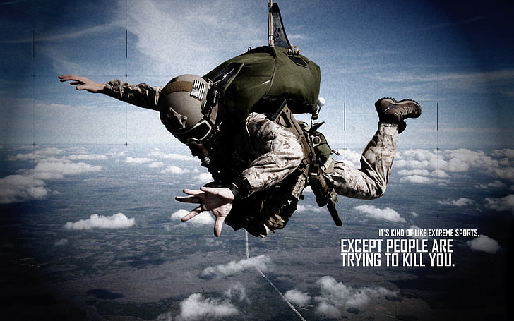dark, fall, mask, military, paratrooper, quotes, skydive, soldier, statement, text, warriors, HD wallpaper