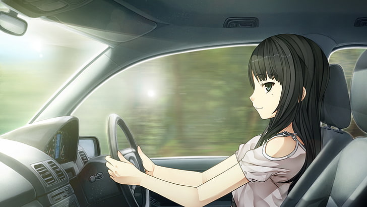 female anime character illustration, monobeno, girl, brunette, leather, interior, car, HD wallpaper