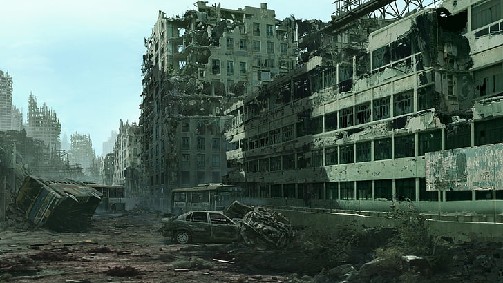 gray concrete buildings, photo of demolished gray and black building, ruin, urban, cityscape, apocalyptic, HD wallpaper