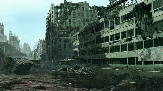 edificios de hormigón gris, foto de edificio gris y negro demolido, ruina, urbano, paisaje urbano, apocalíptico, Fondo de pantalla HD HD wallpaper