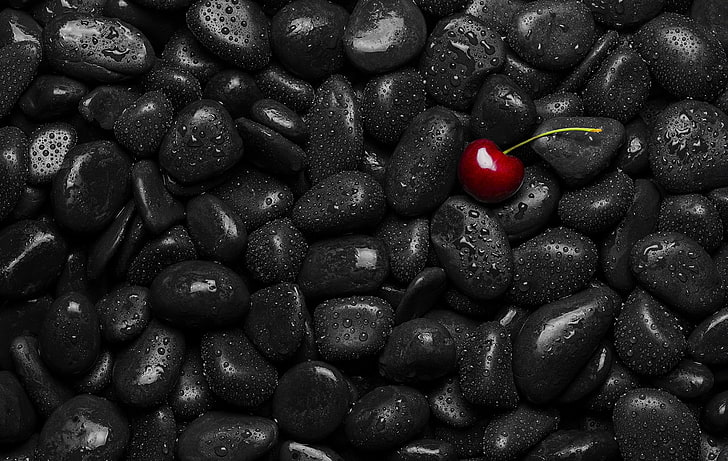 pedras negras, cereja, gotas de água, frutas, comida, HD papel de parede