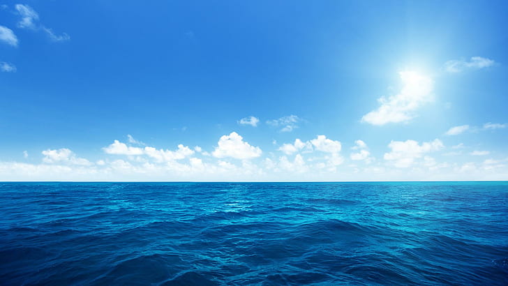 Błękitne morze, morze, błękitne niebo, białe chmury, sceneria oceanu, błękitne morze, błękitne niebo, białe chmury, sceneria oceanu, Tapety HD