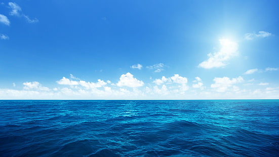 Mer bleue, mer, ciel bleu, nuages ​​blancs, paysages d'océan, mer bleue, ciel bleu, nuages ​​blancs, paysages d'océan, Fond d'écran HD HD wallpaper