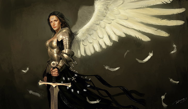 ファンタジーをテーマにした女性の天使の騎士の剣の壁紙、少女、翼、天使、剣、アート、鎧を保持、 HDデスクトップの壁紙