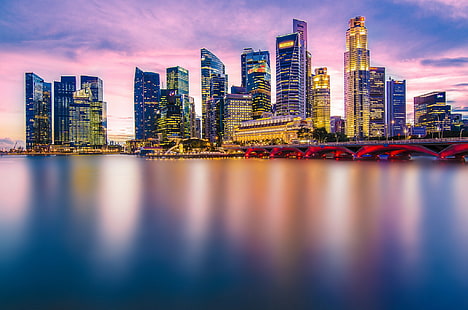 Сингапур, Азия, Сингапур, Азия, град, вечер, светлини, небостъргачи, къщи, мост, залив, HD тапет HD wallpaper