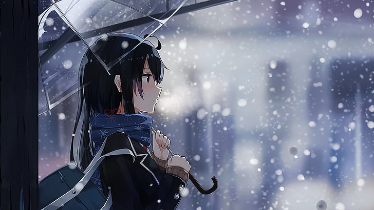 ilustração de anime de mulher de cabelos pretos, garotas de anime, anime, Yukinoshita Yukino, Yahari Ore no Seishun Love Comedy wa Machigatteiru, guarda-chuva, inverno, neve, frio, HD papel de parede