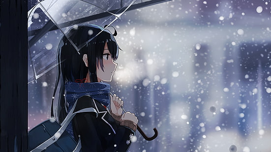 svarthårig kvinna anime illustration, animeflickor, anime, Yukinoshita Yukino, Yahari Ore no Seishun Love Comedy wa Machigatteiru, paraply, vinter, snö, kall, HD tapet HD wallpaper