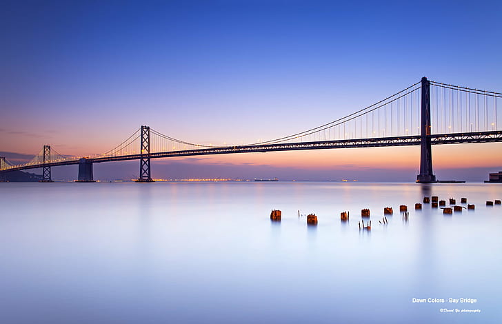 Мост Golden Gate под синьо небе, Зора, Цветове, Bay Bridge, Golden Gate Bridge, Сан Франциско, Калифорния, САЩ, Bay Bridge, светлина, SFist, прилив, отлив, мост - Структура, създадена от човека, известно място, архитектура, окачен мост , Калифорния, окръг Сан Франциско, залез, градски пейзаж, море, градски Skyline, HD тапет