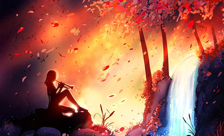 mujer tocando la trompeta sentado frente a cascadas fondos de pantalla digital, anime, chicas anime, hierba, instrumento musical, hojas, puesta de sol, árboles, agua, otoño, Fondo de pantalla HD