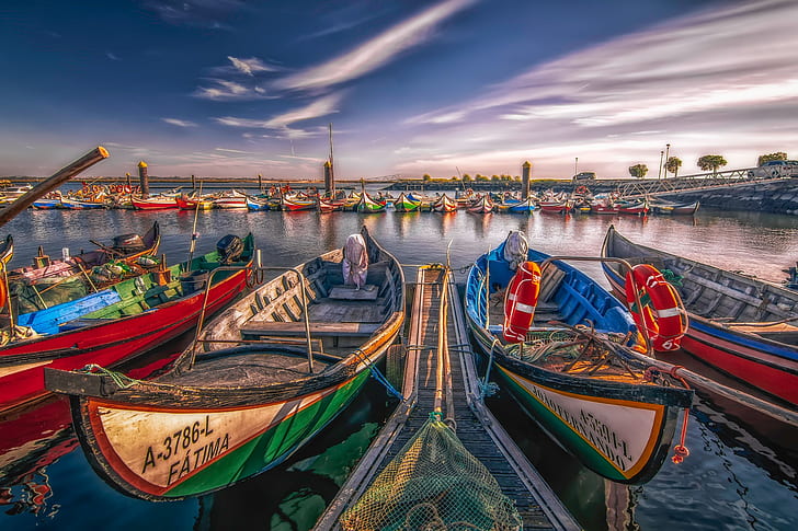 río, barcos, Portugal, Aveiro, Fondo de pantalla HD