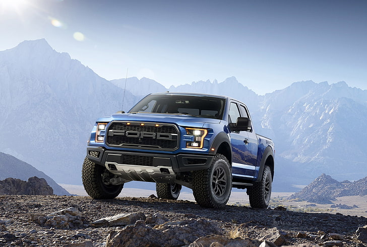 camioneta Ford extendida azul, ford, f-150, raptor, camioneta, piedras, Fondo de pantalla HD
