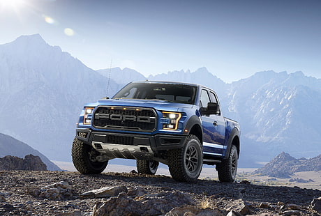 niebieska ciężarówka Ford z przedłużoną kabiną, ford, f-150, raptor, pickup, kamienie, Tapety HD HD wallpaper