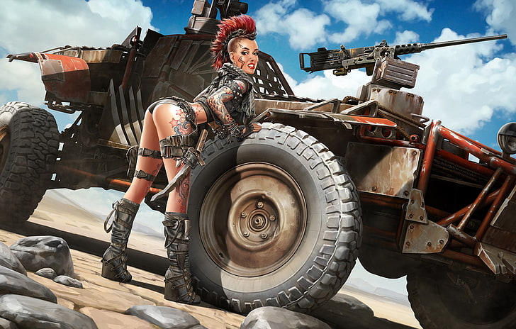 femme en gilet noir à côté de fond d'écran de jeu de véhicule, machine, look, fille, pose, armes, tatouage, art, Mohawk, pin up, apocalypse, apocalyptique, Fond d'écran HD