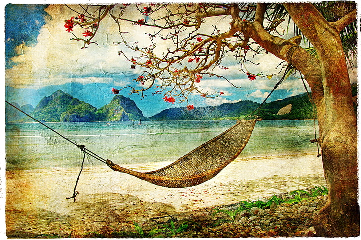 brown hammock by the shore painting, sea, tree, foliage, hammock, vintage, old photo, HD wallpaper