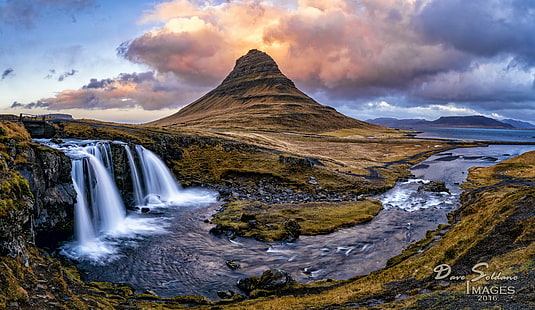 landscape photo of brown mountain near body of water, Kirkjufell, landscape, photo, brown mountain, body of water, Iceland, waterfall, river, stream, rapids, wanderlust, sky, clouds, color, sunset  panorama, nature, mountain, scenics, volcano, water, outdoors, travel, famous Place, HD wallpaper HD wallpaper