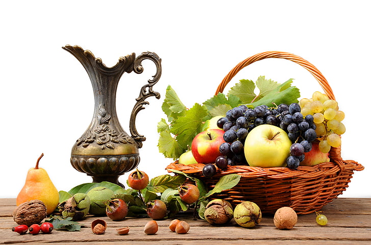 assorted fruits, table, basket, apples, briar, grapes, pear, pitcher, fruit, nuts, still life, HD wallpaper