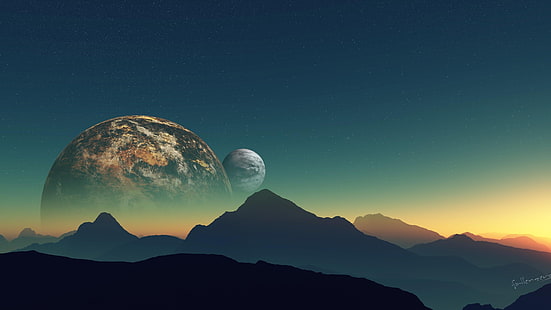 Himmel, Mond, Fantasiekunst, Raumkunst, astronomisches Objekt, Phänomen, Erde, Planet, Horizont, Universum, Nacht, HD-Hintergrundbild HD wallpaper