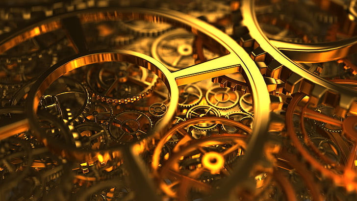 máquina de latón, mecanismo de engranaje dorado, mecanismo de relojería, engranajes, oro, macro, arte digital, mecánica, Fondo de pantalla HD